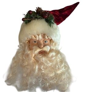 Vintage Santa Face Ornament Curly Beard Realistic Face 7 inches Red Hat